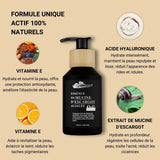 Image d un flacon d essence de mucine d escargot mettant en avant ses ingrédients naturels actifs, dont la vitamine E pour l hydratation et la protection antioxydante, l'acide hyaluronique pour une peau repulpée et lisse, et l extrait de mucine d escargot pour la régénération et le soin des cicatrices.