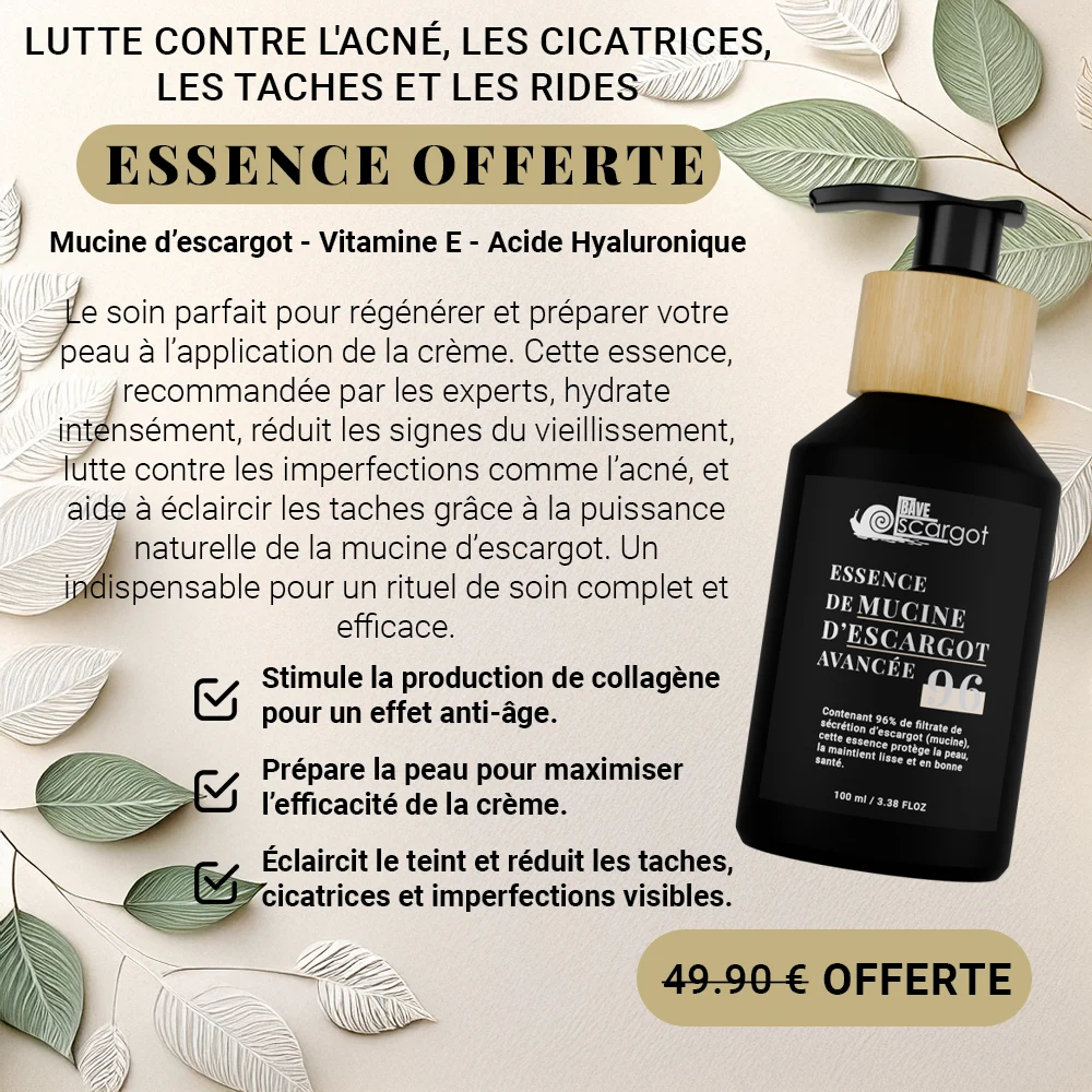 Image mettant en avant une offre spéciale sur l essence de mucine d escargot enrichie en vitamine E et acide hyaluronique. Ce soin hydrate intensément, réduit les signes du vieillissement, traite l acné et éclaircit les taches et cicatrices. Un indispensable pour un rituel de soin naturel et efficace.
